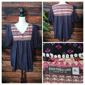 Earthbound Trading Co Top Blouse XL Peasant Hippie Boho Purple Flowy